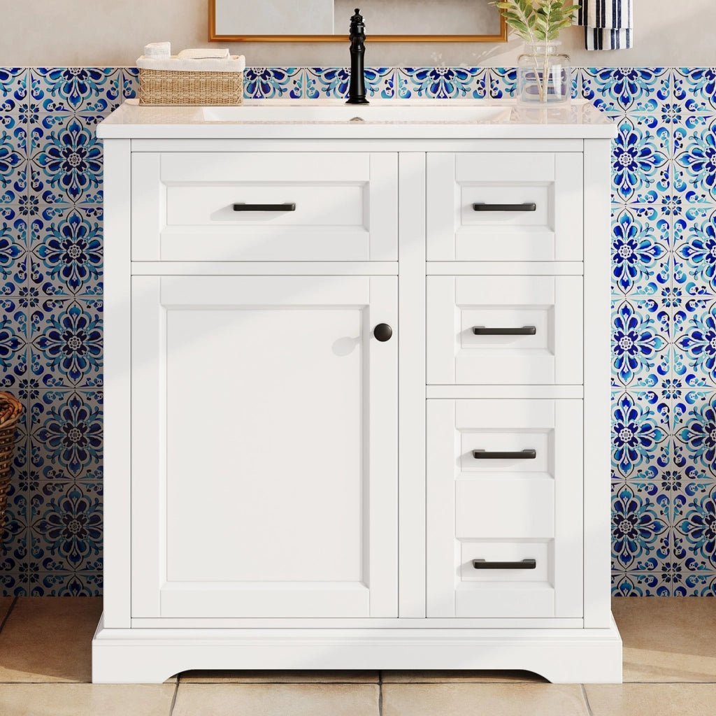 Mobiletto con lavabo integrato a terra con 4 cassetti e anta soft-close in ceramica e MDF bianco 76 × 47 × 82 cm
