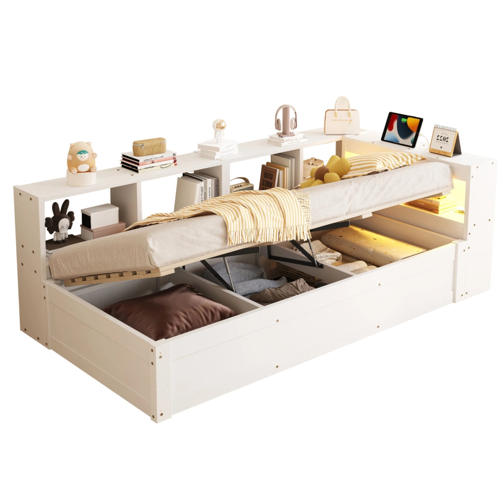 Letto multifunzione con prese, LED e vani contenitore