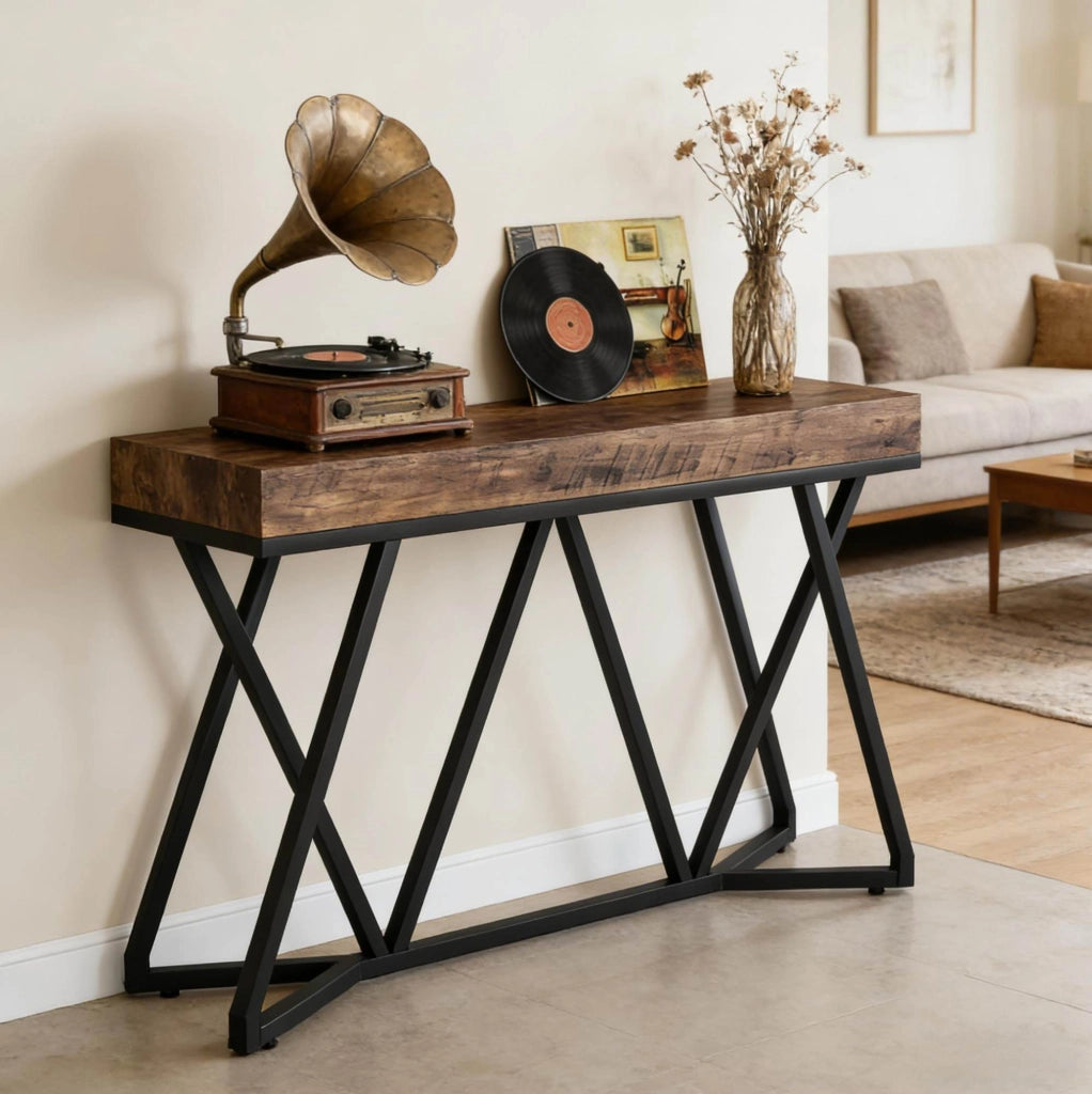Tavolo consolle 140x30 cm in MDF e metallo nero e marrone rustico con piedini regolabili