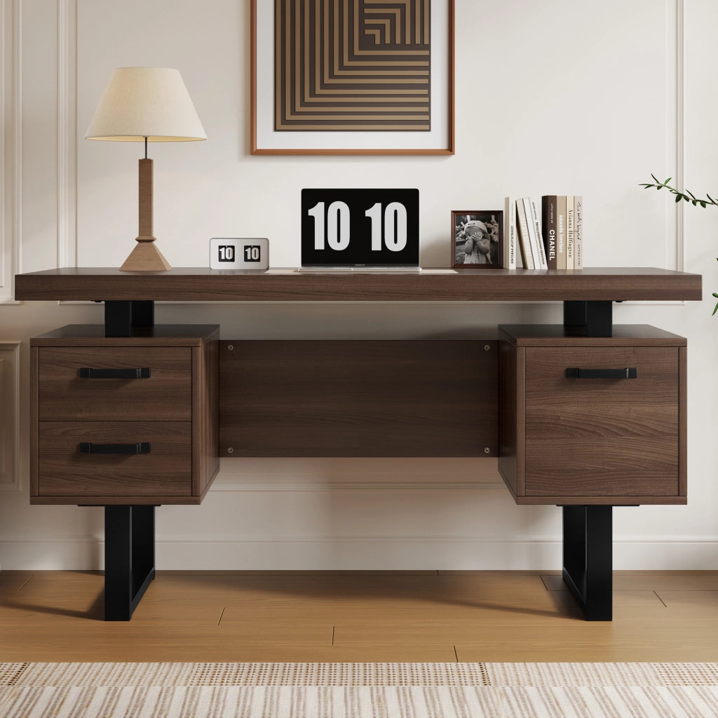 Scrivania da ufficio 135x54 cm in MDF e metallo con cassetti; marrone e nero
