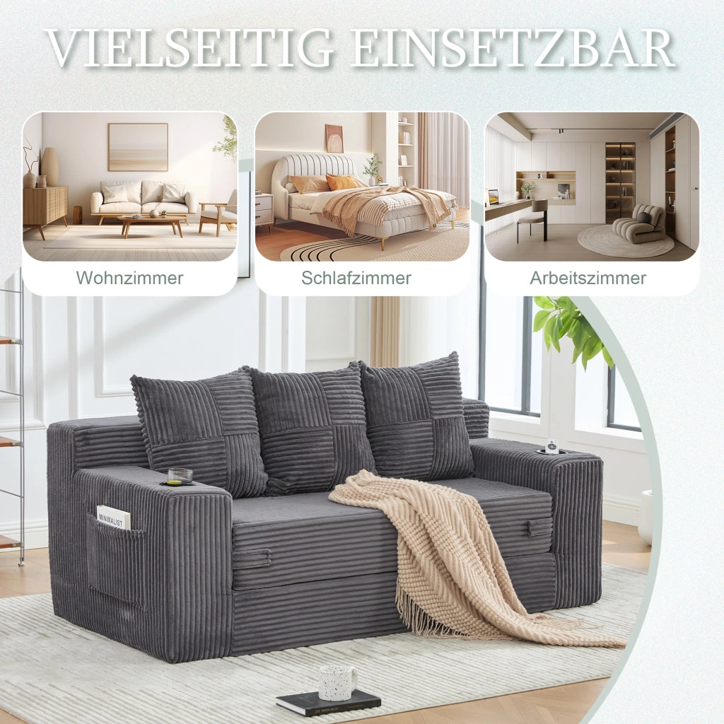 Divano modulare a 2 posti in velluto a coste grigio con portabevande e tasche laterali 64 × 172 × 87 cm