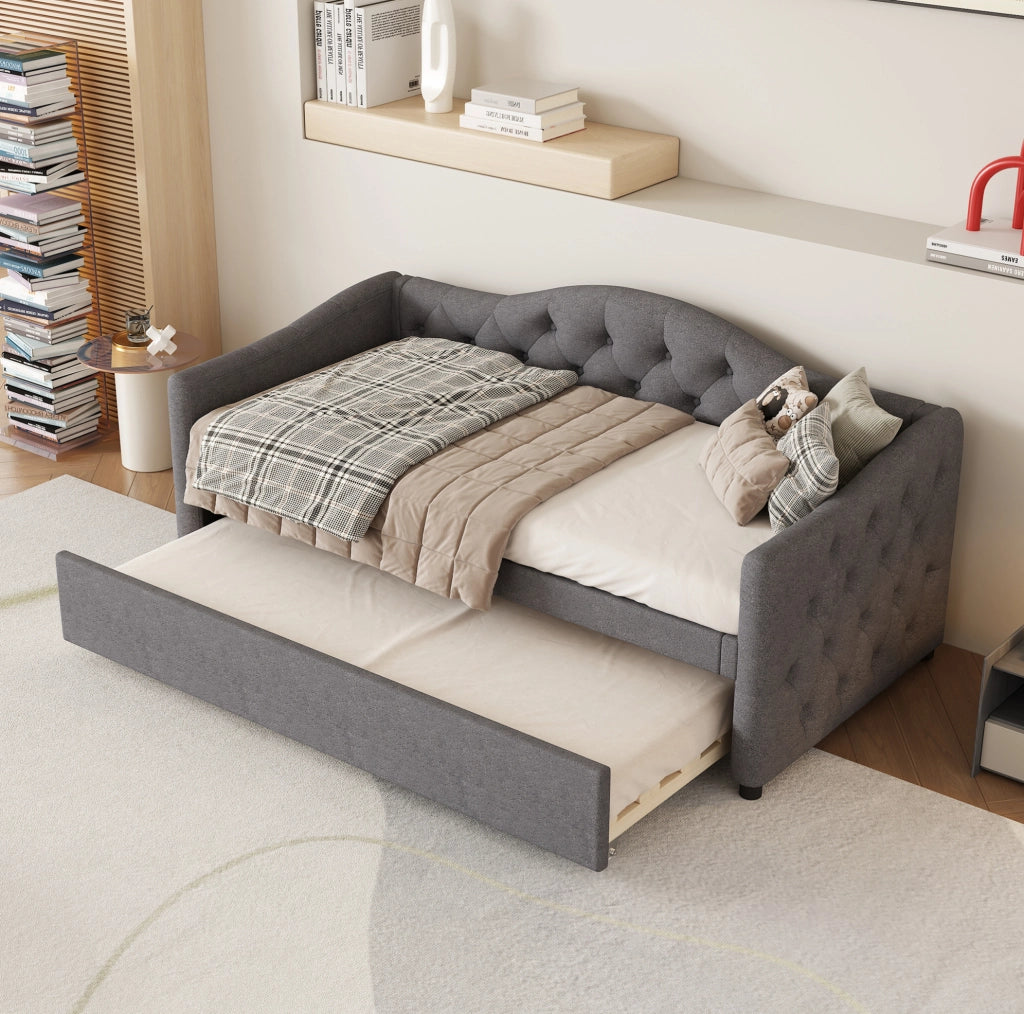 Letto singolo 90x200 cm in lino grigio con letto estraibile, senza materasso