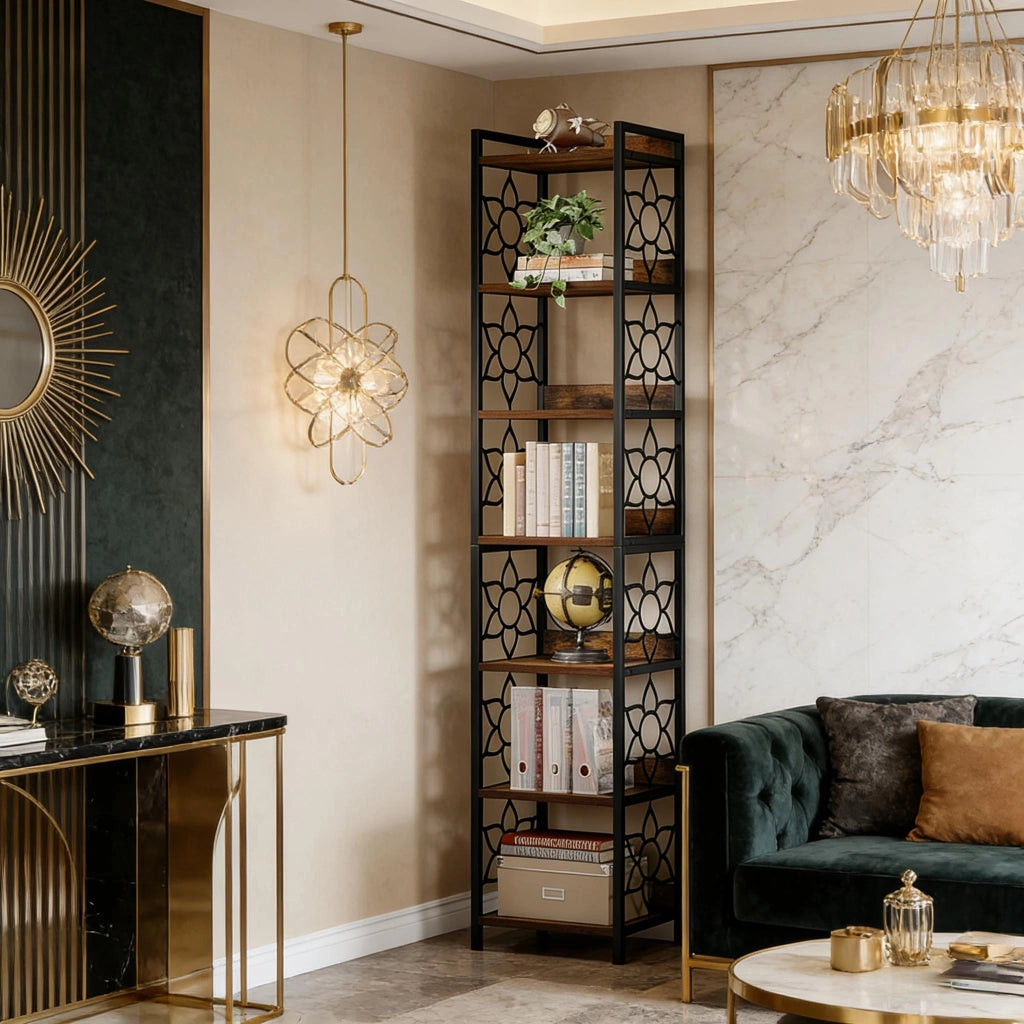 LIBRERIA ANGOLARE A 7 RIPIANI MDF E METALLO NERO/ROVERE RUSTICO