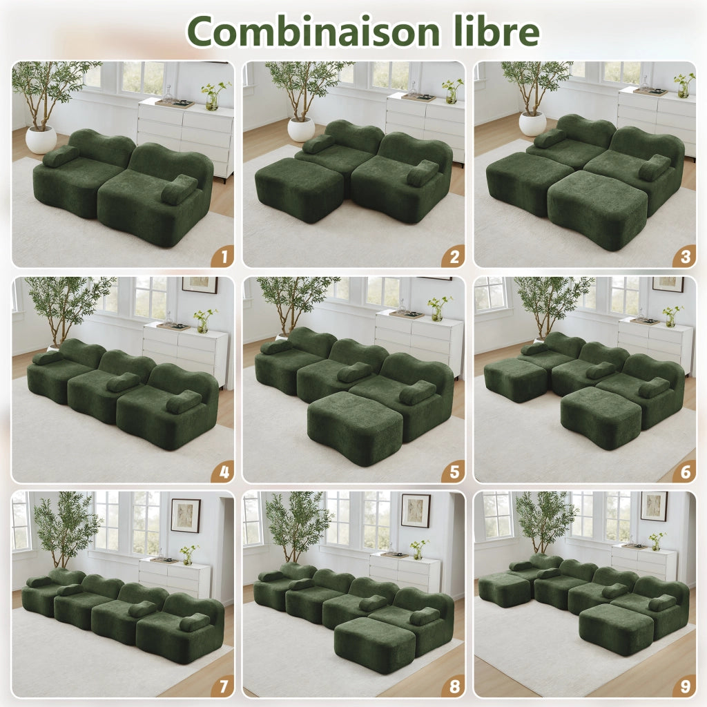 Divano angolare modulare senza struttura interna in velluto verde con seduta profonda e pouf collegabile ondulato