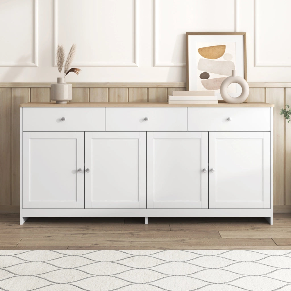 Credenza Bianca e Legno Mobile Buffet 160 cm con 4 Ante e 3 Cassetti in MDF Stile Rustico per Soggiorno e Sala da Pranzo
