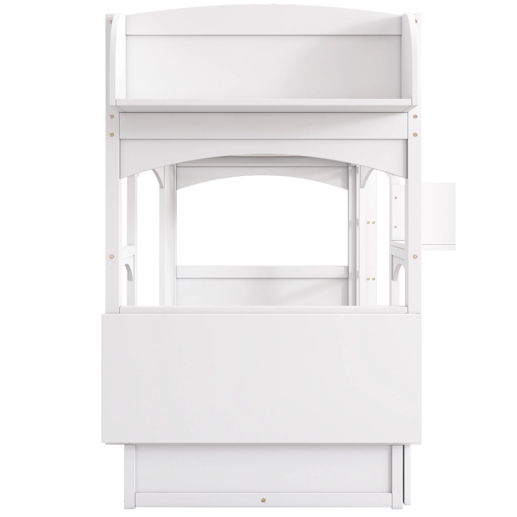 Letto a castello due posti letto 90 × 200 cm con scrivania pieghevole; ripiani; 2 cassetti e scala in legno bianco