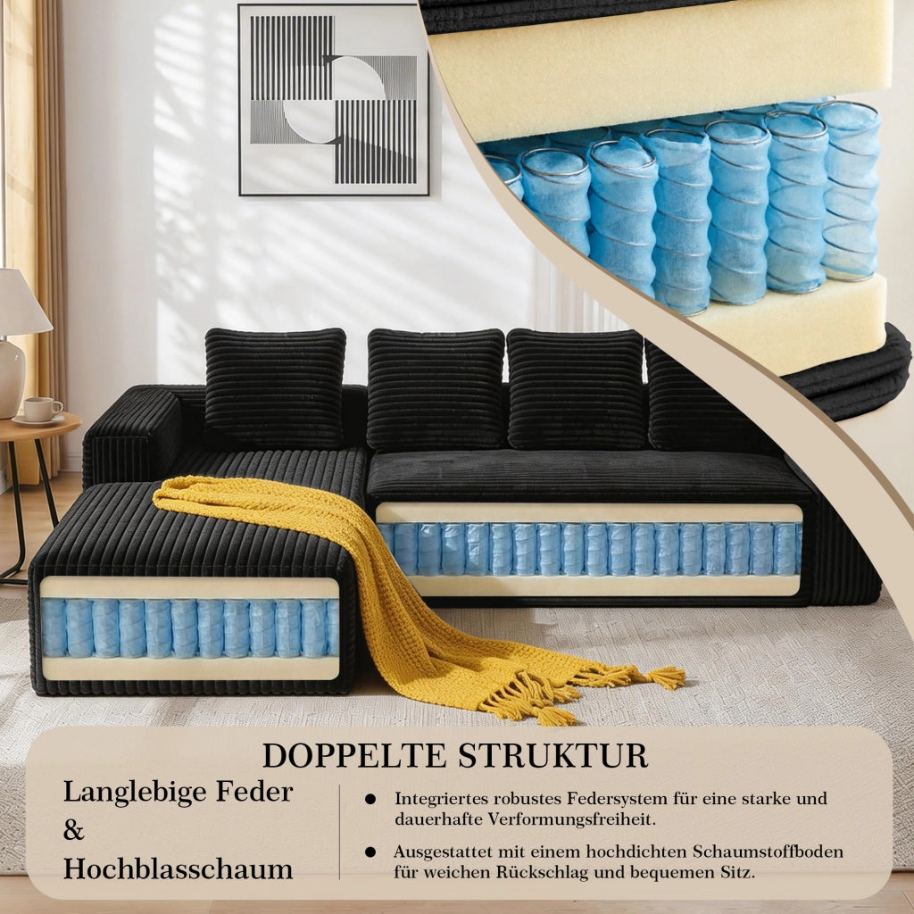 Divano modulare a forma di l con chaise longue reversibile in velluto a coste nero 261.0 × 168.0 × 58.0 cm 2 moduli