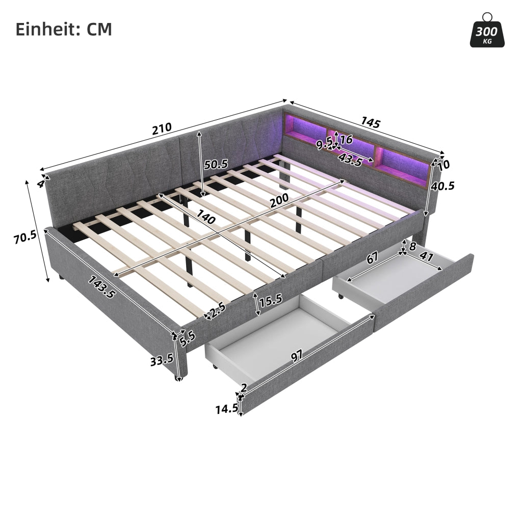 Letto estraibile 140x200 cm con rete a doghe; USB e porta tipo C; LED e vani portaoggetti; lino e MDF; grigio