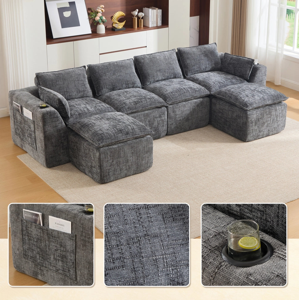 Divano modulare ULEVR 322x161x75 cm in ciniglia grigio scuro con cuscini e tasche laterali