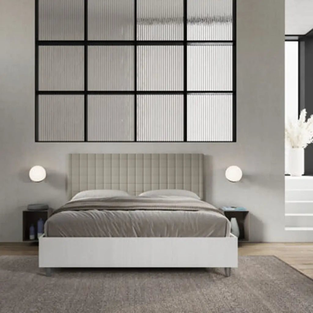 Letto matrimoniale contenitore 160x200 bianco frassino testata similpelle tortora Burmy