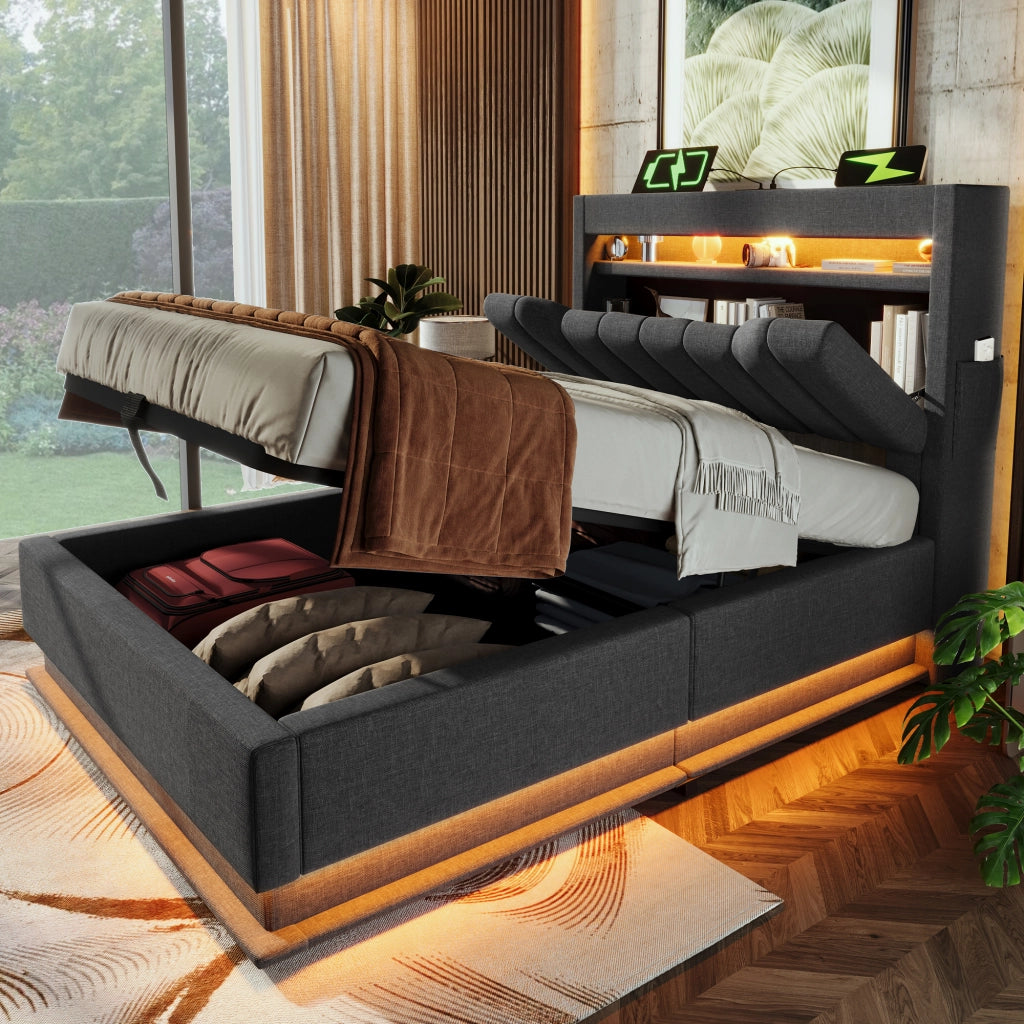 Letto singolo 90 × 200 cm con contenitore idraulico in lino grigio LED USB e porta Type-C con testiera