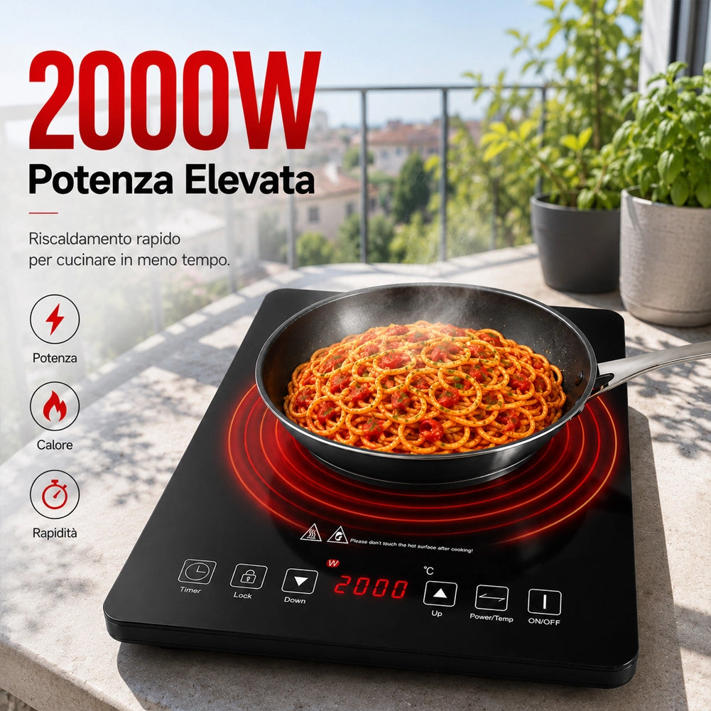 Piastra a Induzione 1 Fuoco 2000W Fornello Elettrico Touch con Timer Nero