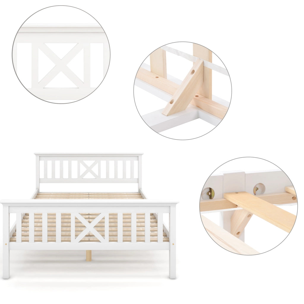 Letto matrimoniale in legno massiccio di pino bianco 140x200 cm con rete a doghe e testiera a X