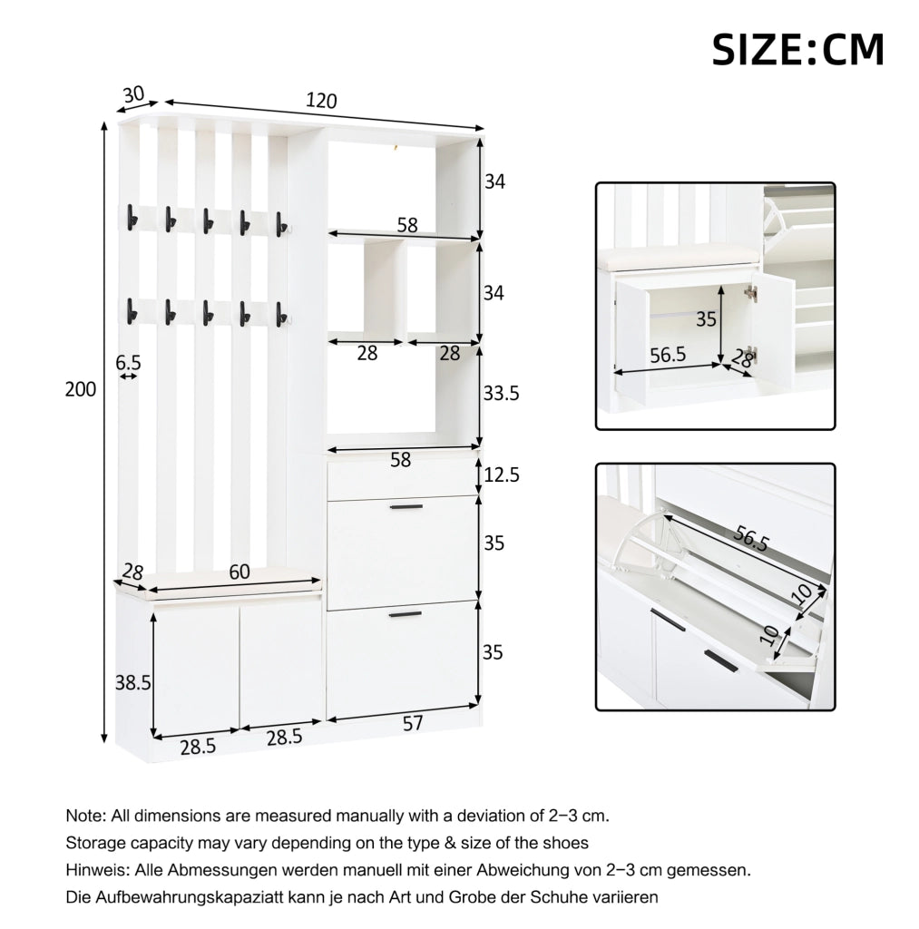 Guardaroba da ingresso multifunzionale 120x30x200 cm in MDF bianco con panca imbottita, 2 ribalte porta scarpe, 1 cassetto, 2 ante e 10 appendini, capacità 30 kg