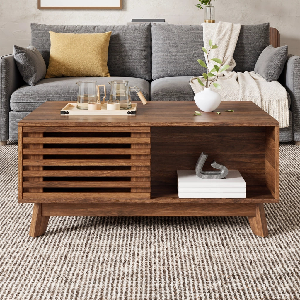 Tavolino basso alzabile con piano estensibile e anta scorrevole in MDF effetto noce per soggiorno 90 × 55 × 57.5 cm