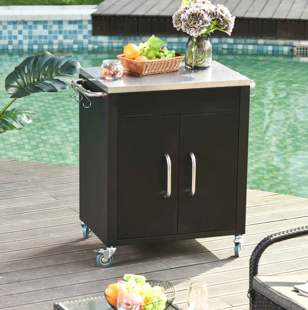 Carrello da cucina nero con ruote, armadietto, 6 ganci e piano in acciaio inox 86x50x86,5 cm