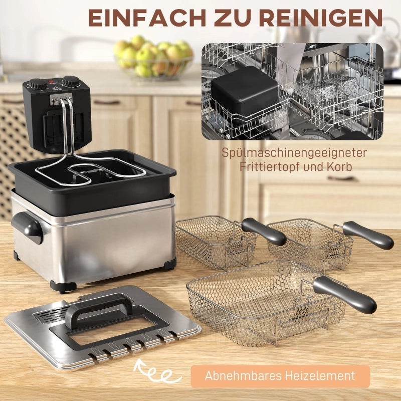 Friggitrice ad olio 5L, 2000W, acciaio inox argento. Temperatura e timer regolabili, serbatoio removibile, finestra di controllo, protezione surriscaldamento