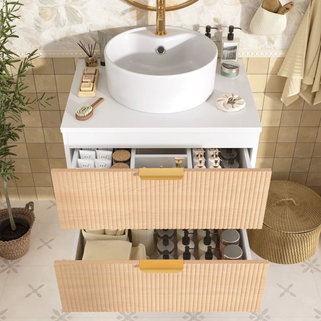 Mobile bagno 60 cm sospeso con lavabo rotondo in ceramica; 2 cassetti; MDF; effetto legno naturale