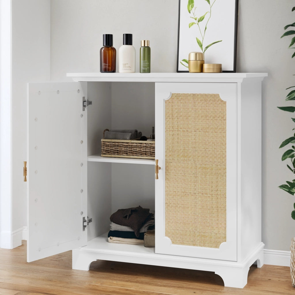 Credenza con due ante in rattan e gambe in legno ripiano regolabile MDF bianca per cucina e soggiorno 80 × 38 × 86 cm