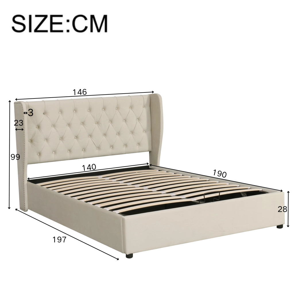 Letto contenitore 140 × 190 cm con sollevamento idraulico testiera imbottita rivestito in velluto beige