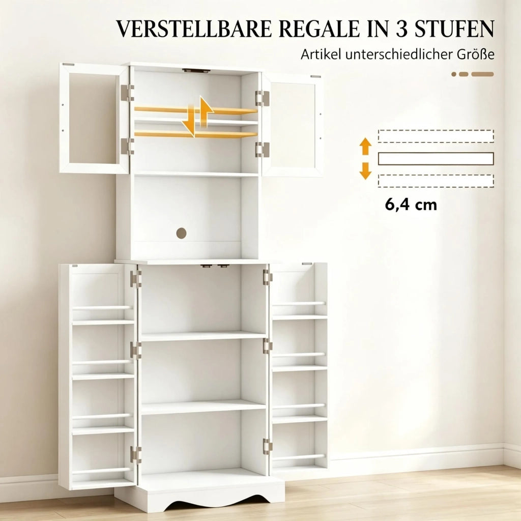 Alta Credenza da Cucina con 4 Ante, Piano di Lavoro e Ripiani Regolabili, 8 Portaspezie, Mobile Contenitore Pratico per la Cucina