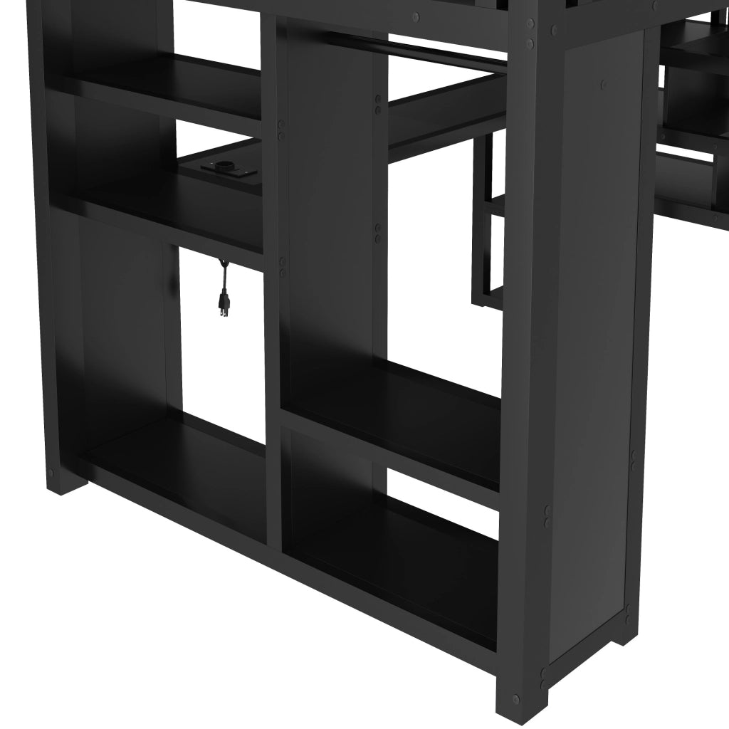 Letto a soppalco matrimoniale 140x200 in metallo nero con scrivania e LED