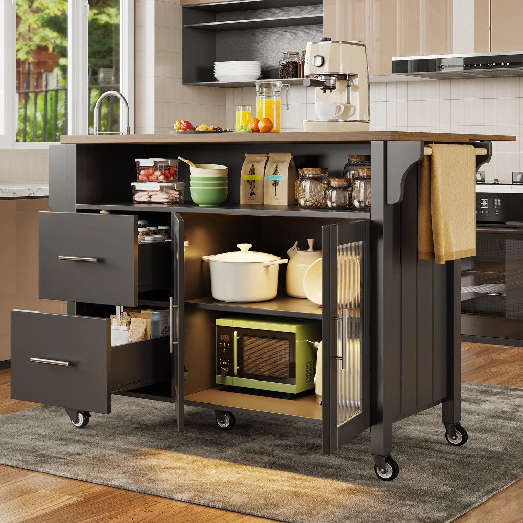 Carrello da cucina con piano pieghevole; 2 cassetti; anta in vetro ondulato; LED; ruote e portaasciugamani nero