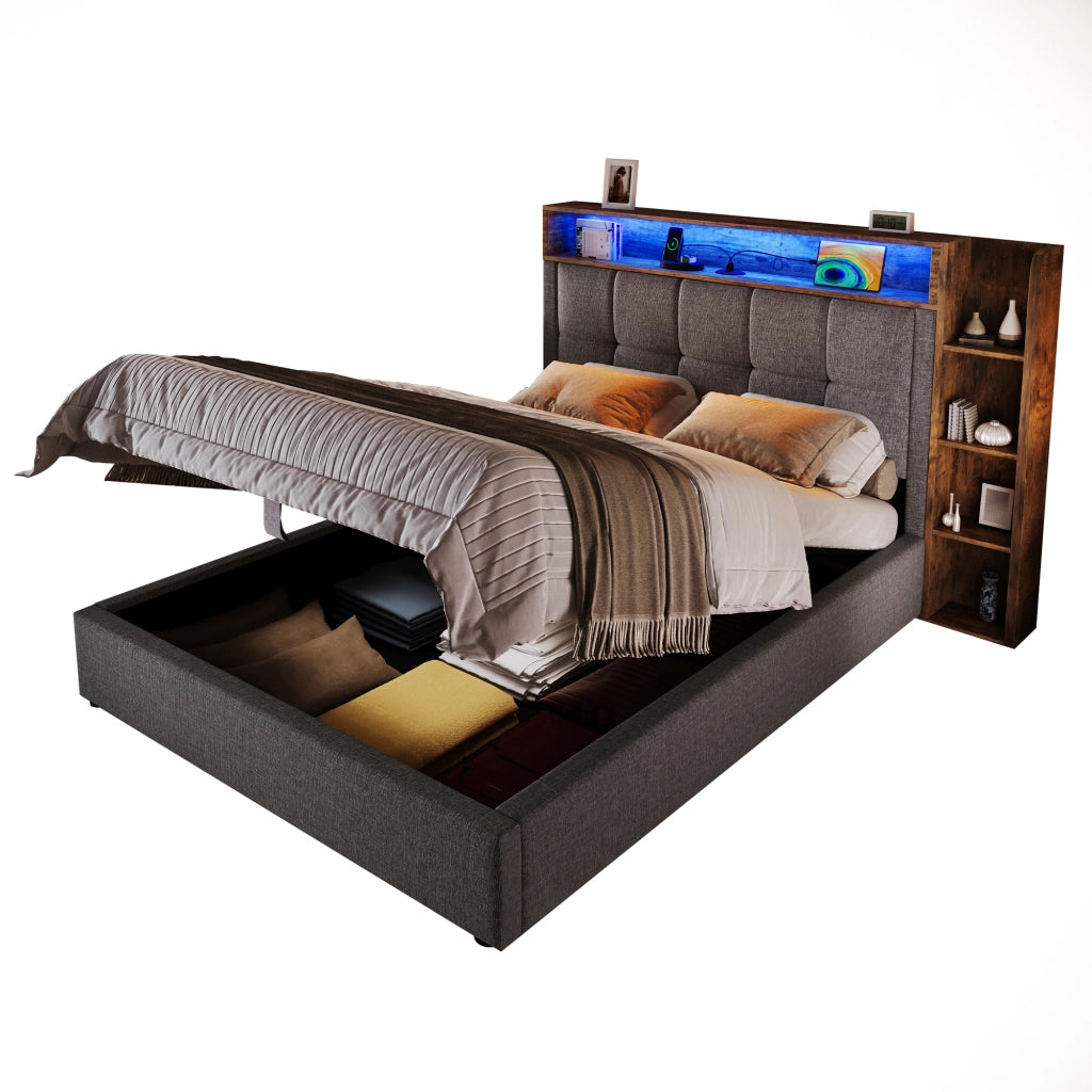 Letto singolo imbottito 90 × 200 cm con contenitore; USB e porta Type-C; LED regolabile; senza materasso; grigio