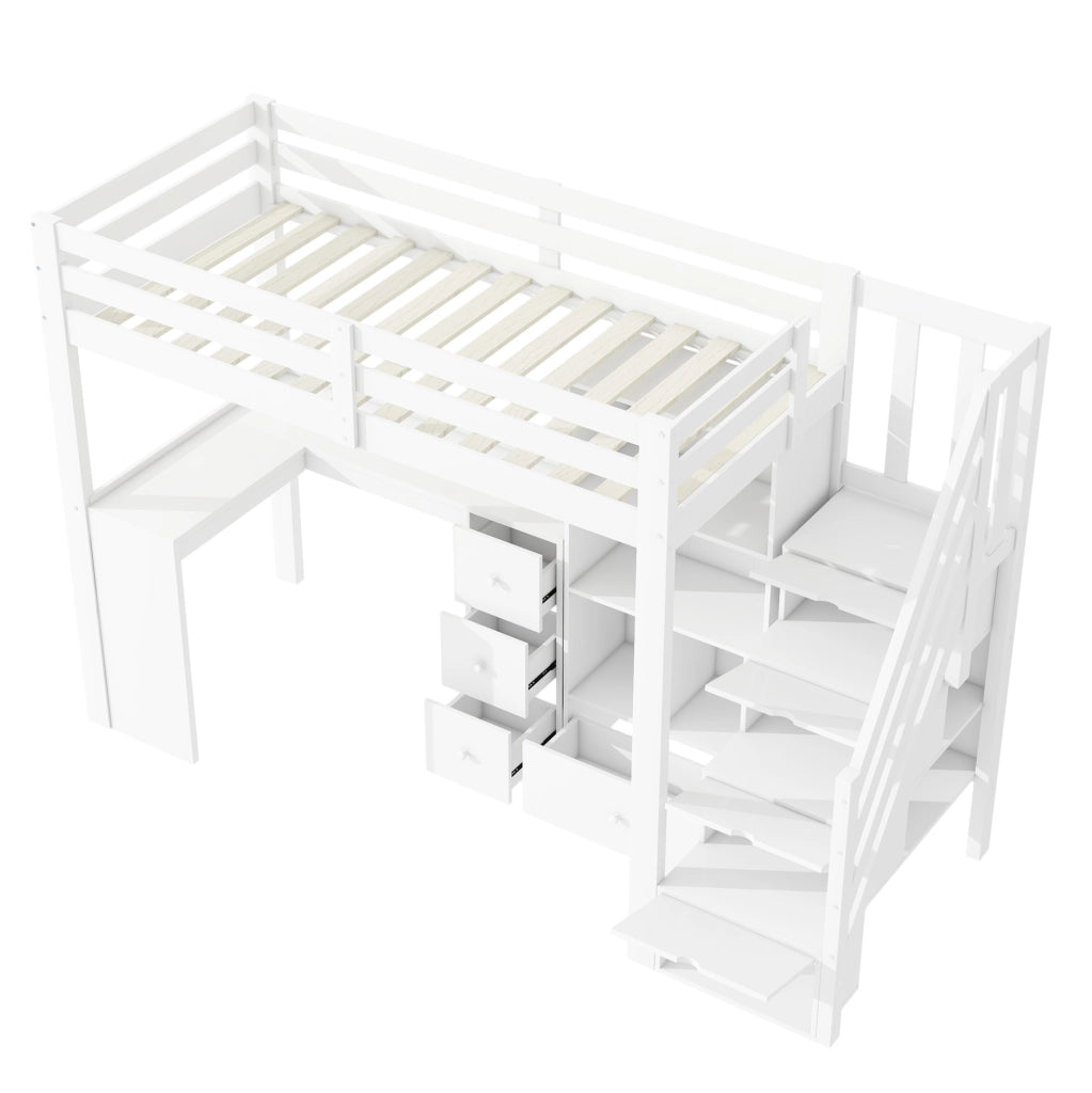 Letto a soppalco per bambini 90x200 cm bianco con scrivania, pino e MDF