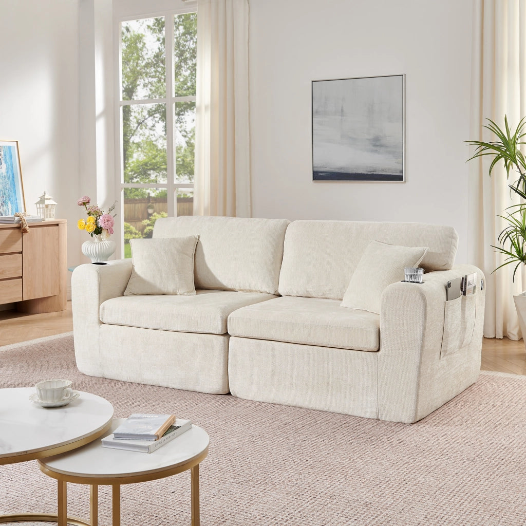 Divano Relax 2 Posti in Chenille con Tasca Laterale e Cuscini ¨C MINIMAL ¨C Beige
