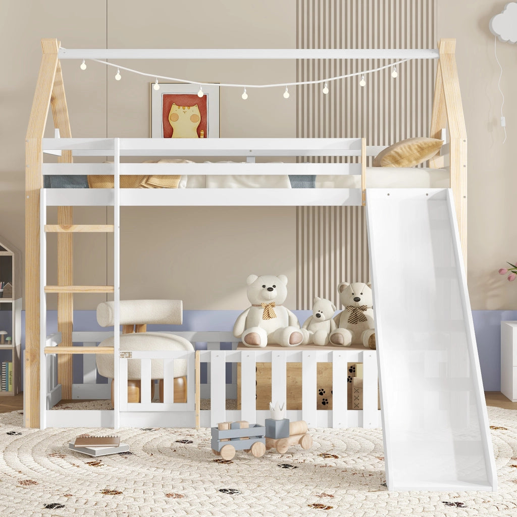 Letto a soppalco bambini con scivolo; struttura in pino e MDF; bianco e naturale; 90x200 cm
