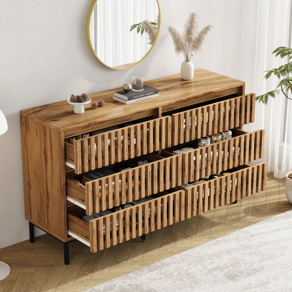 Madia con 6 cassetti e 5 piedi in MDF e pannello truciolare color naturale 120 × 40 × 81 cm