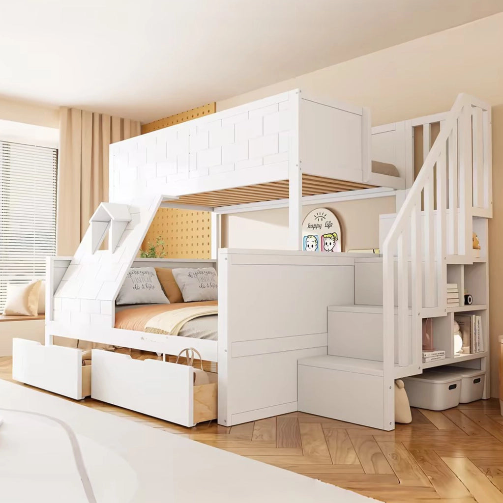 Letto a castello per bambini con scala contenitore; 2 cassetti e finestra; bianco