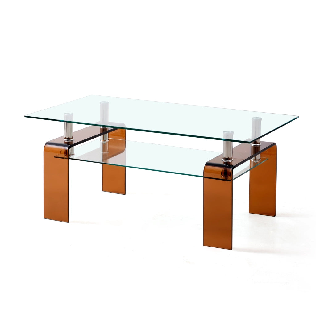 Tavolino basso fisso a due ripiani in vetro temperato con gambe marroni in metallo 100 × 55 × 45 cm