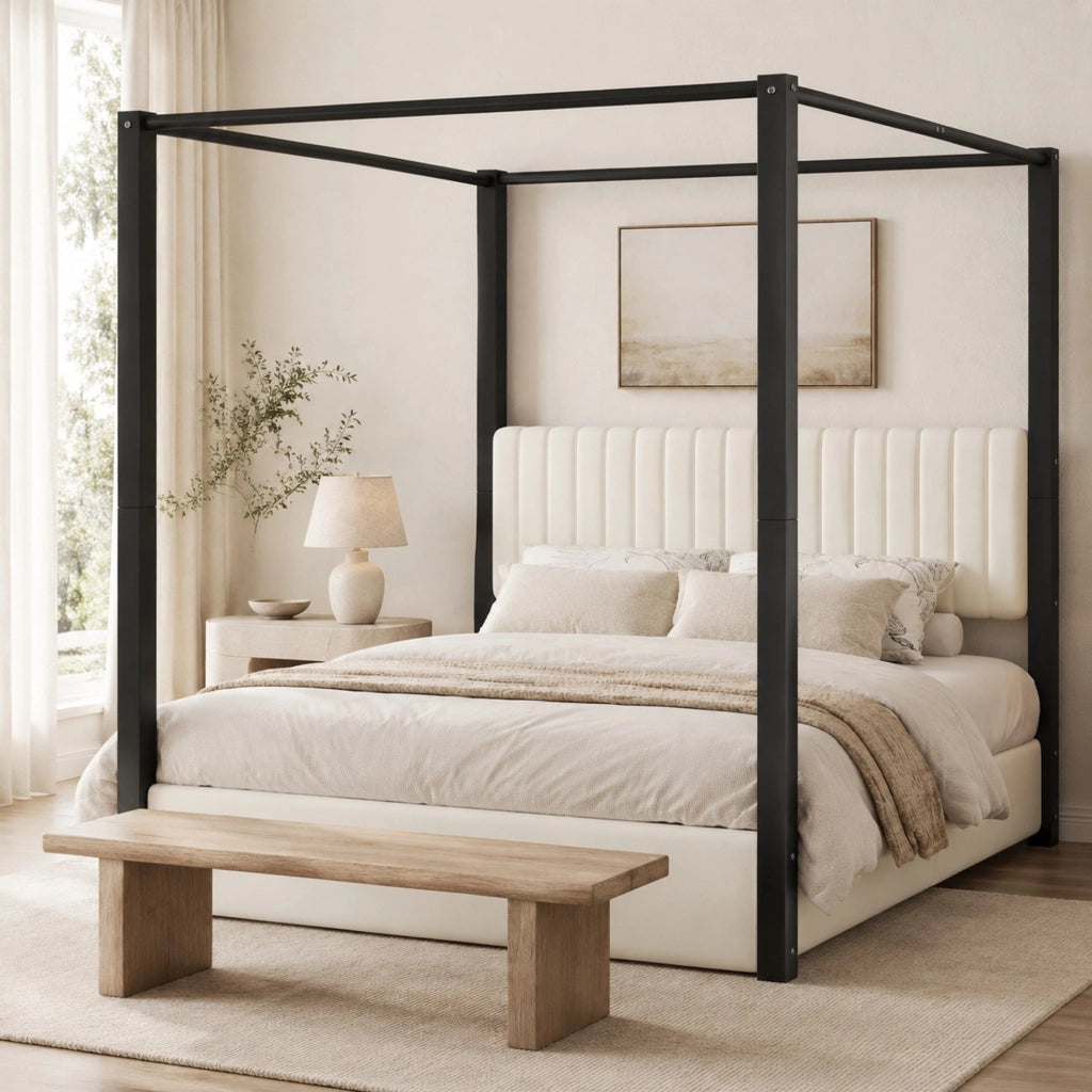 Letto a baldacchino imbottito 180×200 cm in velluto beige e nero