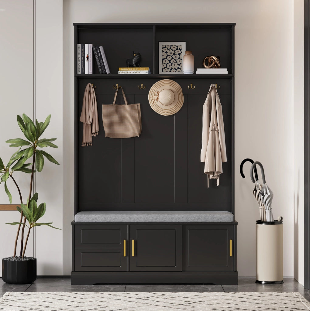 Appendiabiti con panca e scarpiera 120x40x191 cm; 6 ganci; truciolare nero