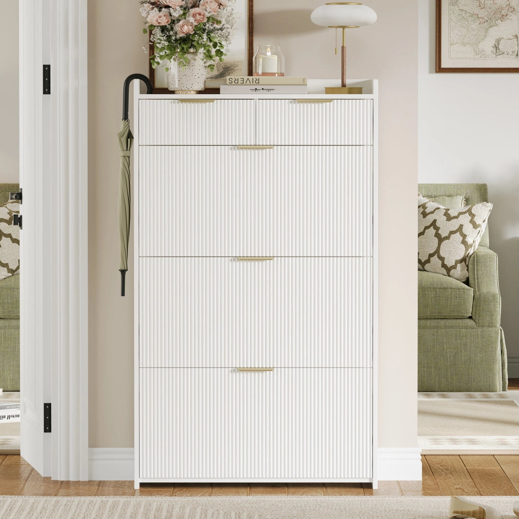 Scarpiera slim con 3 ante a ribalta e 2 cassetti; 80 ¡Á 25 ¡Á 135 cm; truciolare bianco