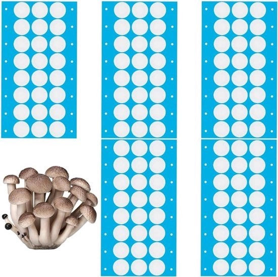 Filtro a membrana sintetica con adesivo - Autoadesivo - 6 fogli - 20 mm - 0,3 μm - Filtro a membrana monotubo - Adesivo per flaconi Mason - Adatto per coltivazione funghi - Bianco - 144 pezzi