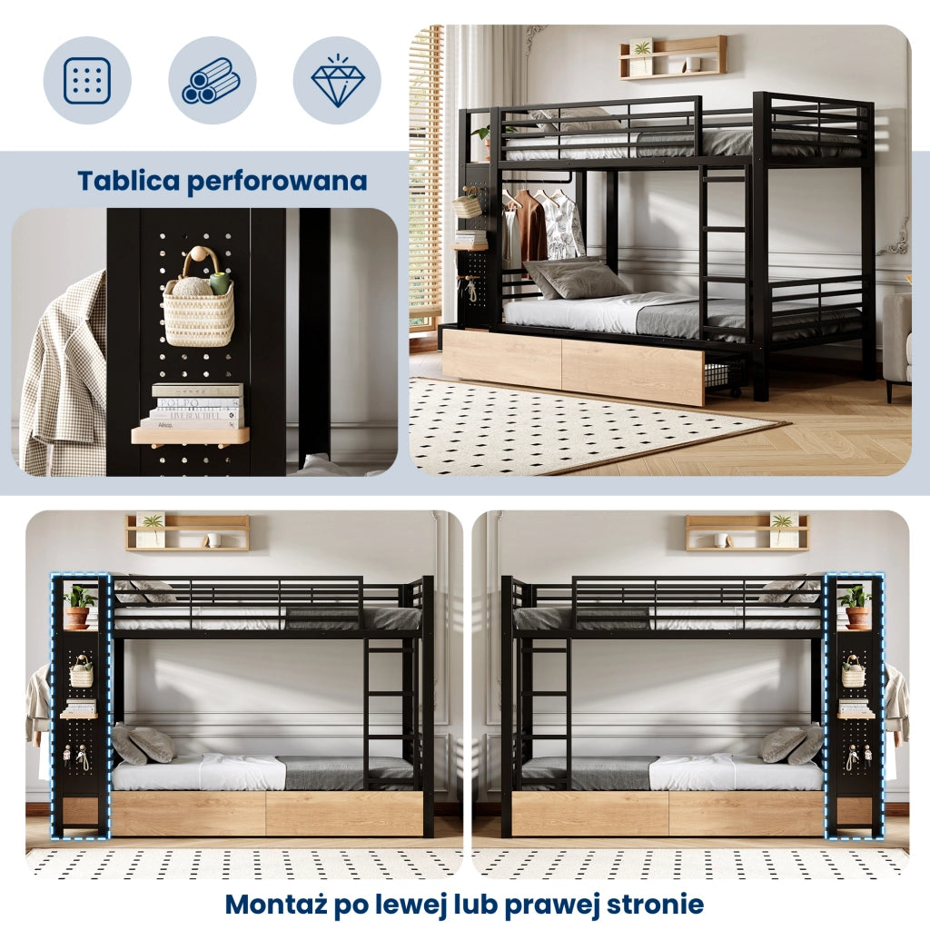 Letto a castello 90 × 200 cm con LED; cassetti; ripiani e barra appendiabiti in metallo e MDF nero