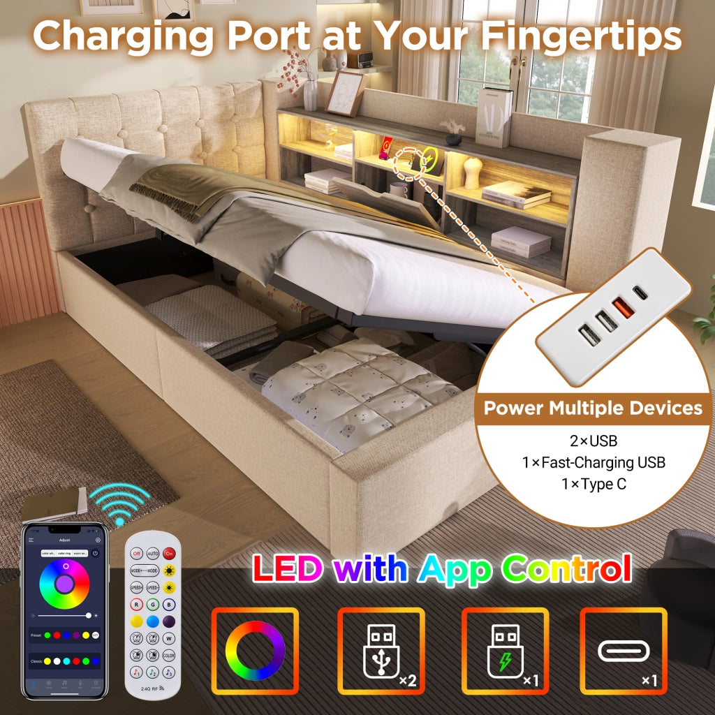 Letto matrimoniale 140 × 200 cm con contenitore idraulico; LED e 4 porte USB; senza materasso; beige
