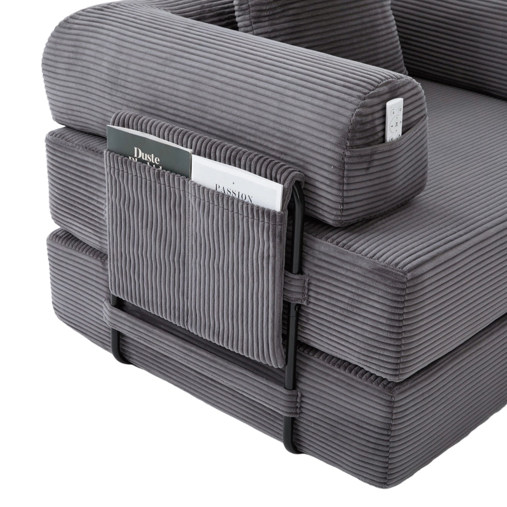 Divano modulare in tessuto vellutato con struttura in metallo, 3 cuscini e pouf, colore grigio scuro, 200x190x67 cm