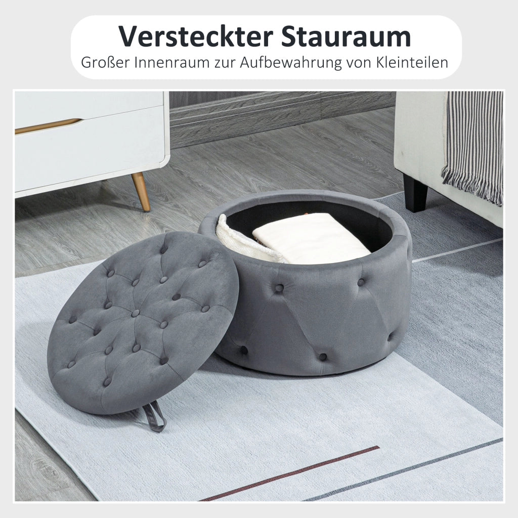 Poggiapiedi contenitore rotondo imbottito con coperchio, effetto velluto in poliestere grigio Ø60×40 cm