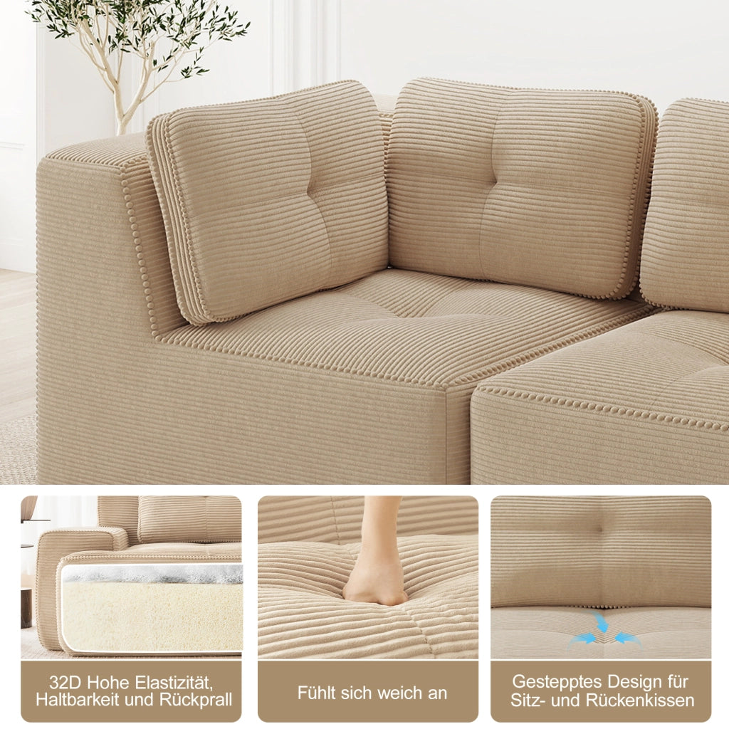 Divano modulare angolare trasformabile con base antiscivolo e braccioli larghi in velluto a coste beige