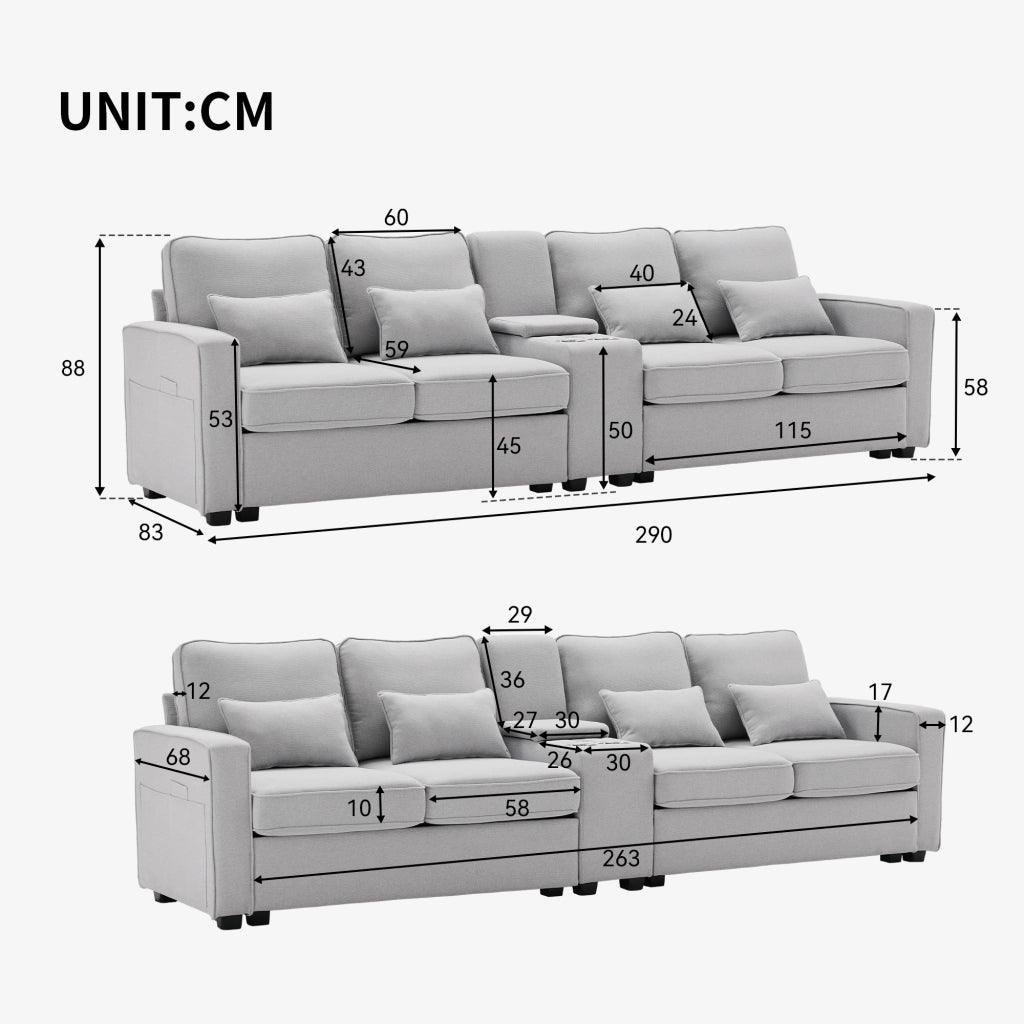 Divano 4 posti 290x83x88 cm con console, porta USB e portabicchieri in tessuto grigio effetto lino