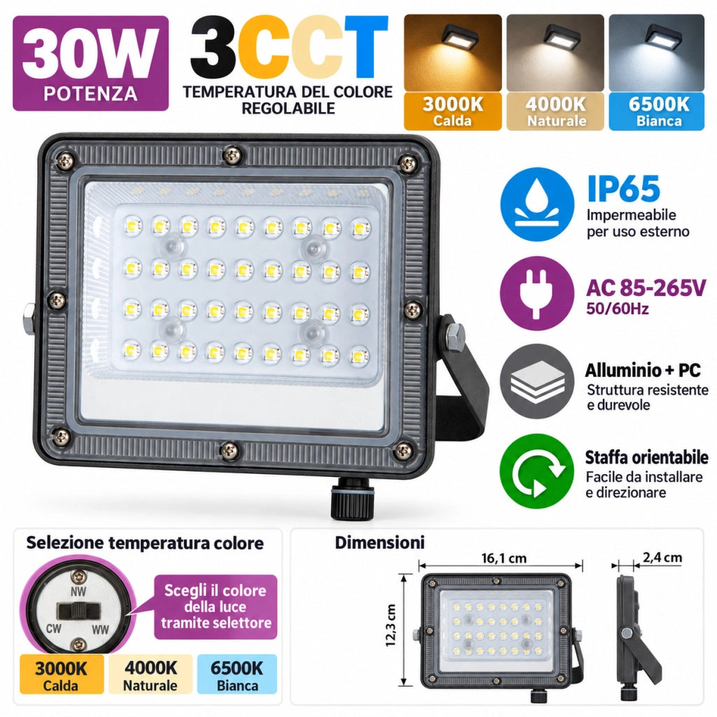 FARO LED 30 W ESTERNO IP65 FARETTO GIARDINO 3CCT 3000K 4000K 6500K LUCE ET-31766