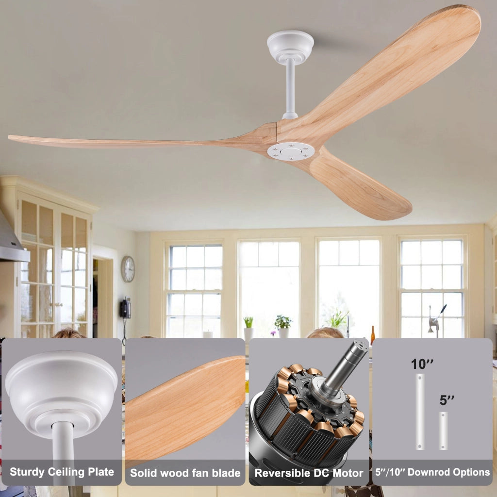 Ventilatore a soffitto in legno naturale 70 pollici senza luce con motore silenzioso DC e sistema di memoria, design moderno per interni ed esterni