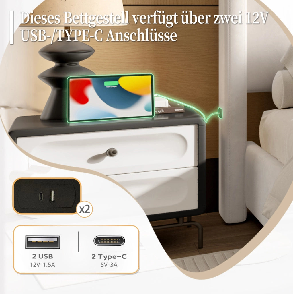 Letto imbottito 140 x 200 cm beige con testiera alta e porte USB/Type-C