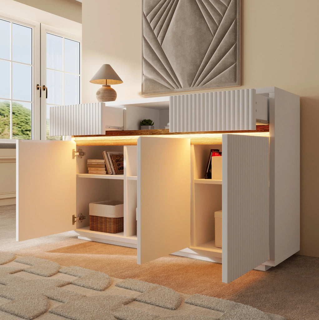Sideboard LED bianco 140x40x85 cm con 2 cassetti e ripiani regolabili