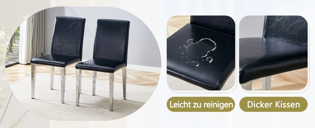 Set di 4 Sedie Minimaliste per Sala da Pranzo con Rivestimento in PU Nero e Gambe in Metallo Argento