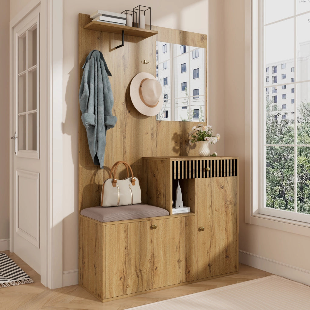 Set da ingresso con specchio; panca imbottita; cassetti scanalati e scarpiera; MDF; nero e naturale; 110x37x185;5 cm